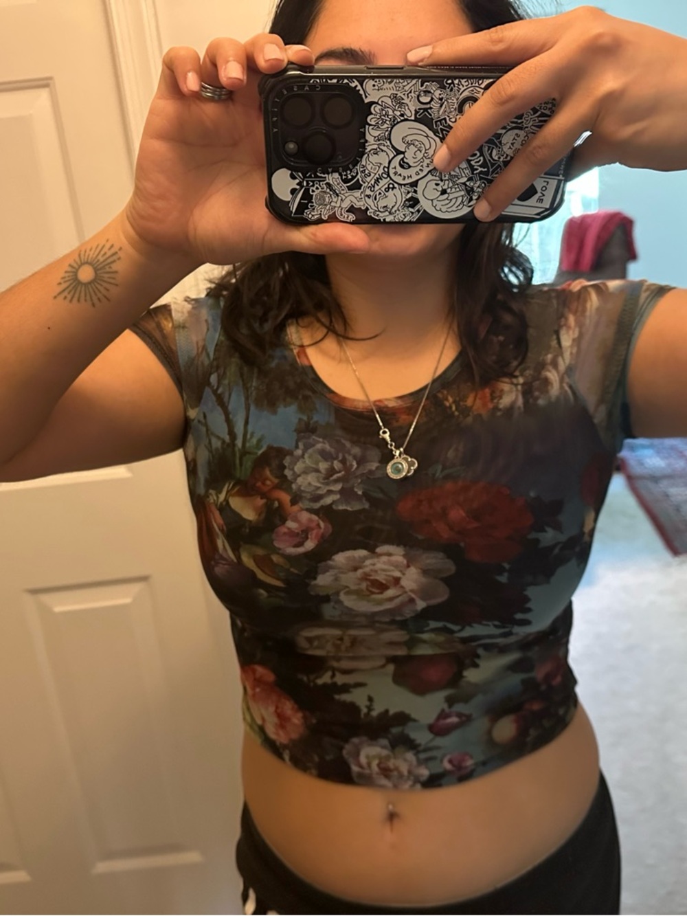 Madden Girl Floral Short Sleeve Top in Black and Multi-Color - Picture 2 of 2